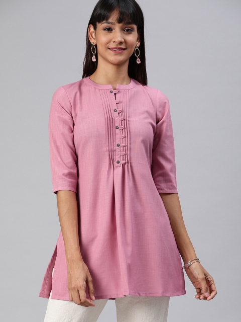

ETIQUETTE Women Pink Solid Pleated A-Line Kurti with Front Tucks