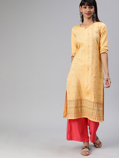

ETIQUETTE Women Yellow & Black Printed Straight Kurta