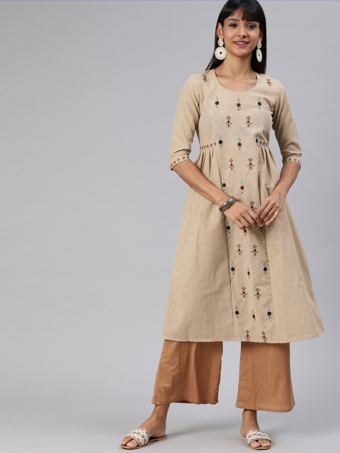 

ETIQUETTE Women Beige Embroidered Panelled Pleated A-Line Kurta