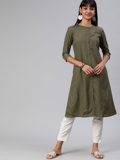 

ETIQUETTE Women Olive Green Solid A-Line Kurta