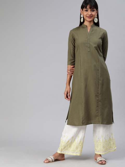 

ETIQUETTE Women Olive Green & Brown Solid A-Line Kurta