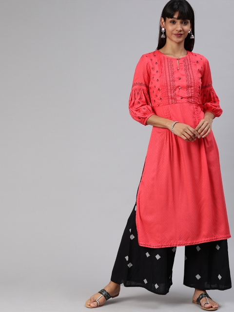 

ETIQUETTE Women Pink & Black Yoke Design A-Line Kurta with Pleats