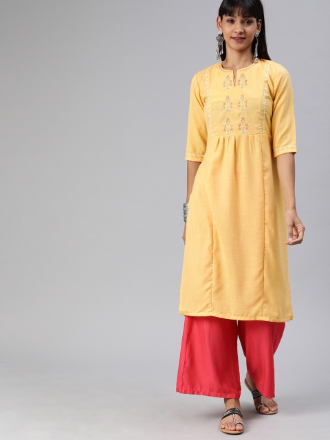 

ETIQUETTE Women Yellow Solid Straight Kurta with Embroidered Detailing