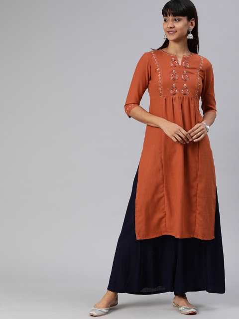 

ETIQUETTE Women Rust Red Embroidered Straight Kurta