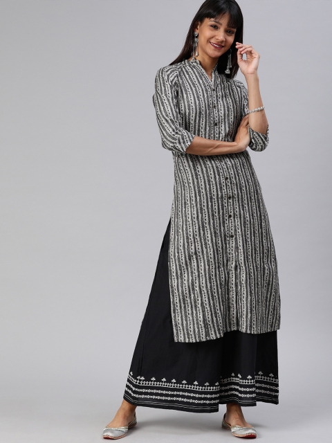 

ETIQUETTE Women Grey & Black Striped Straight Kurta