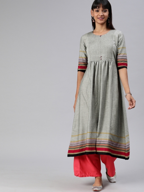 

ETIQUETTE Women Grey & Red Striped Pleated A-Line Kurta
