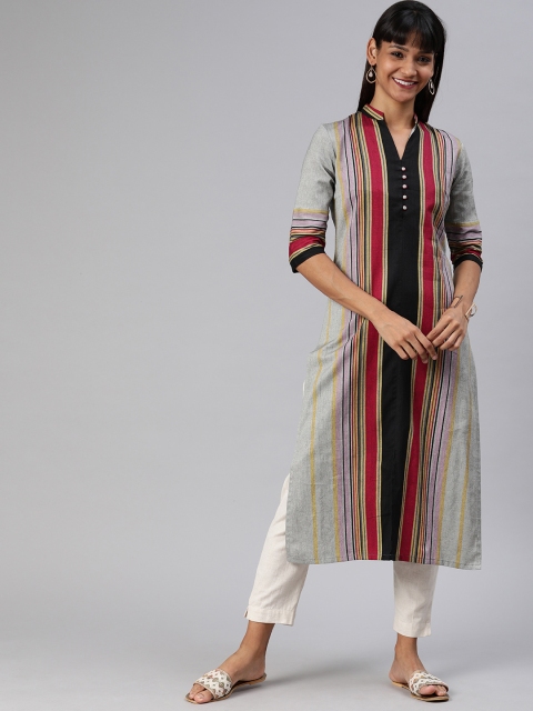 

ETIQUETTE Women Grey & Black Striped Straight Kurta