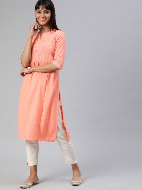 

ETIQUETTE Women Peach-Coloured Embroidered Straight Kurta