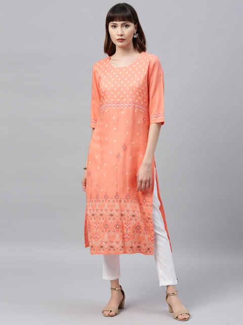 

ETIQUETTE Women Peach-Coloured & White Printed Straight Kurta