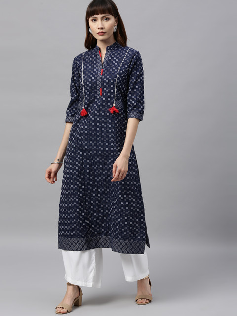 

ETIQUETTE Women Navy Blue & White Woven Design A-Line Kurta with Tassels