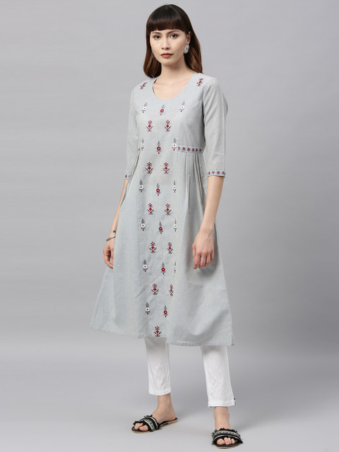 

ETIQUETTE Women Blue Embroidered A-Line Pleated Kurta