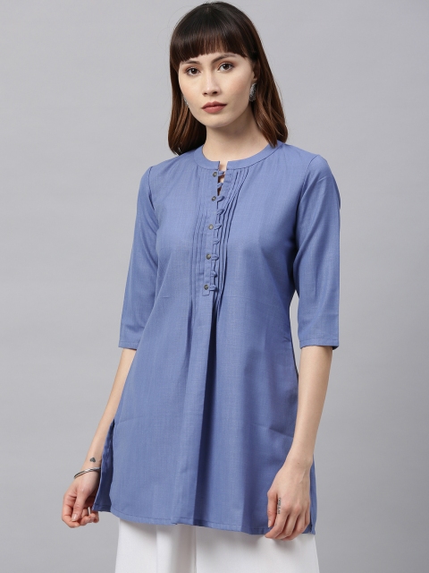 

ETIQUETTE Women Blue Solid Pure Cotton A-Line Pleated Kurti