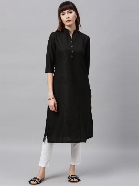 

ETIQUETTE Women Black Solid Straight Panelled Kurta