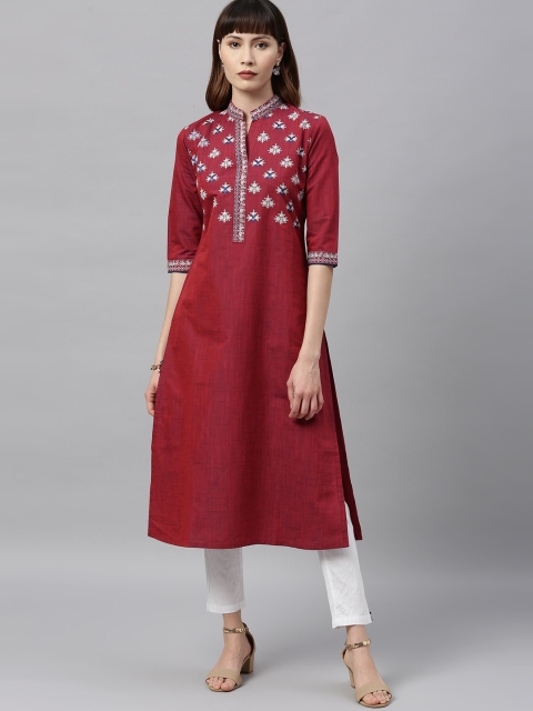 

ETIQUETTE Women Maroon & White Yoke Design A-Line Kurta with Embroidery