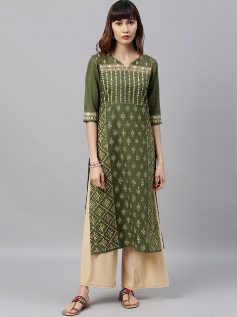 

ETIQUETTE Women Olive Green & Beige Printed Straight Kurta