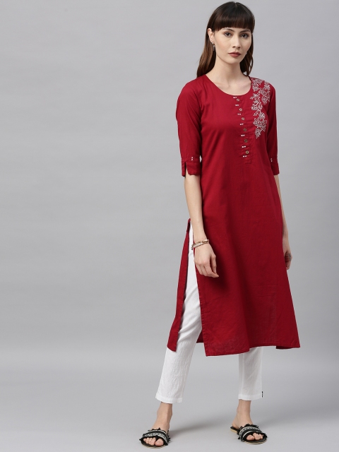 

ETIQUETTE Women Maroon & White Embroidered Straight Kurta