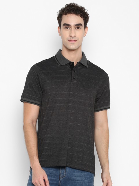 

American Crew Men Charcoal Striped Regular Fit Polo Collar T-shirt