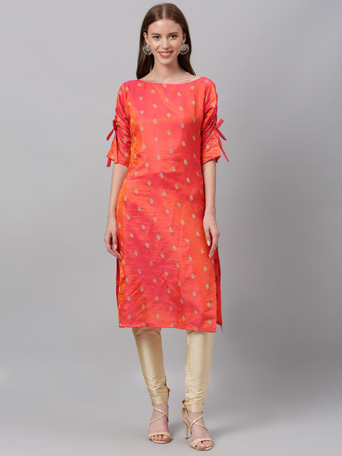 

EthnoVogue Women Red & Beige Woven Design Made To Measure Kurta with Churidar