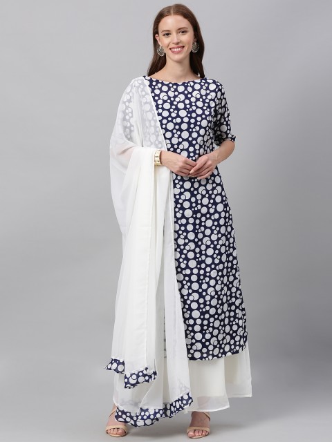 

EthnoVogue Women Navy Blue & White Printed Made To Measure Kurta Set