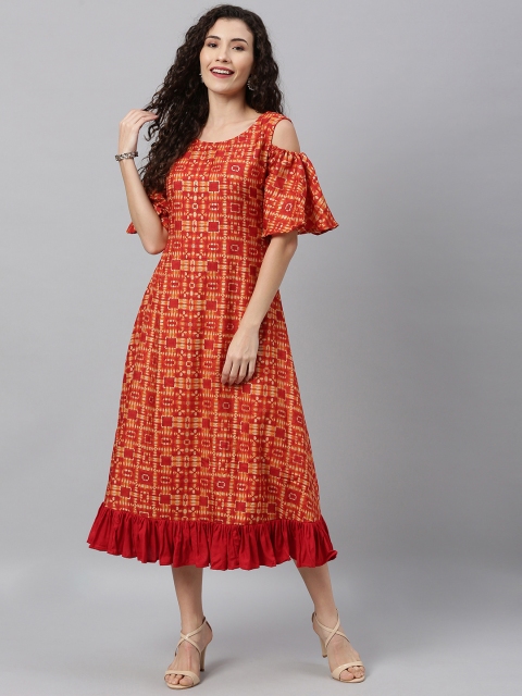 

EthnoVogue Women Red & Yellow Printed Made To Measure A-Line Dress with ruffles