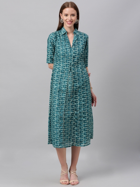 

Bollywood Vogue Women Teal Blue Printed Made To Measure A-Line Dress with Pleats