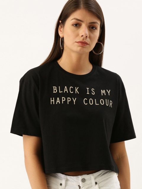

DILLINGER Women Black Printed Fit Round Neck Boxy Crop Pure Cotton T-shirt