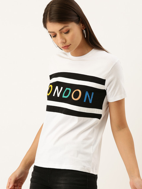 

DILLINGER Women White Black Printed Round Neck Regular Fit Pure Cotton T-shirt