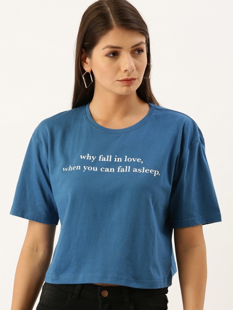 

DILLINGER Women Teal Blue Fit Printed Round Neck Boxy Crop Pure Cotton T-shirt