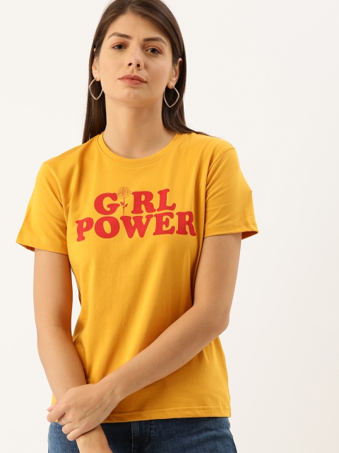 

DILLINGER Women Mustard Yellow Printed Round Neck Regular Fit Pure Cotton T-shirt