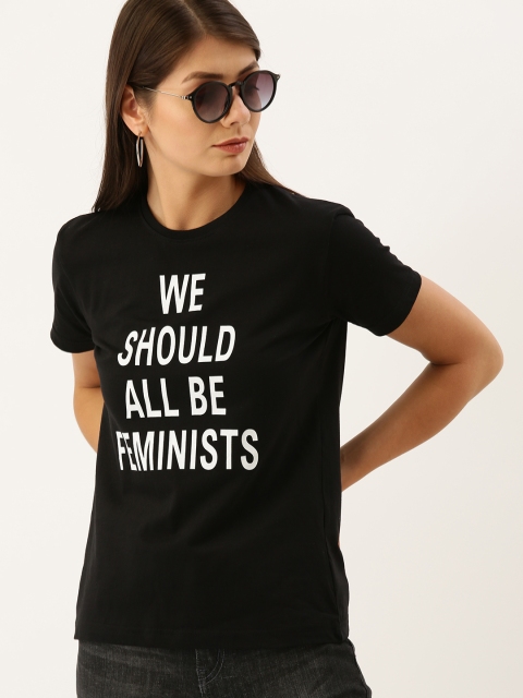 

DILLINGER Women Black Printed Round Neck Regular Fit Pure Cotton T-shirt