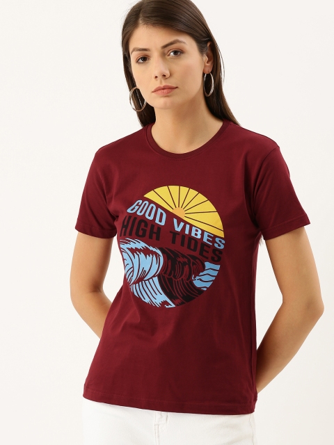 

DILLINGER Women Maroon Printed Round Neck Regular Fit Pure Cotton T-shirt