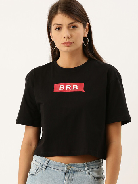 

DILLINGER Women Black Printed Round Neck Boxy Crop Pure Cotton T-shirt