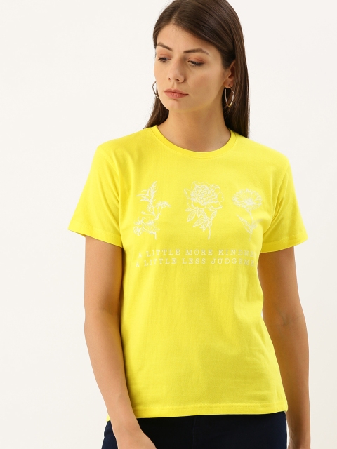 

DILLINGER Women Yellow Printed Round Neck Regular Fit Pure Cotton T-shirt