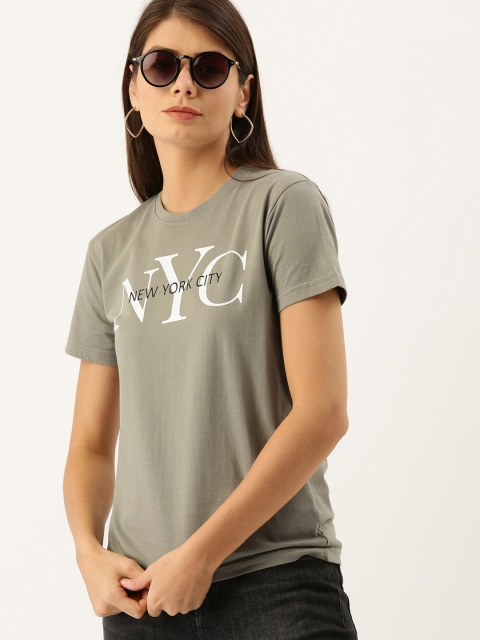 

DILLINGER Women Grey Printed Round Neck Regular Fit Pure Cotton T-shirt