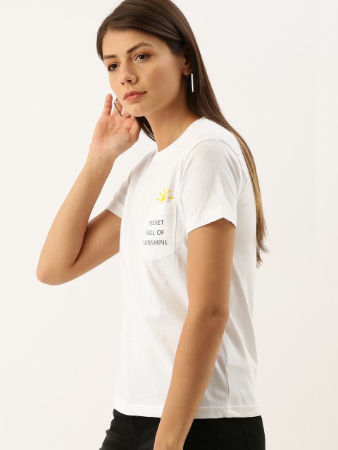 

DILLINGER Women White Solid Round Neck Regular Fit Pure Cotton T-shirt with Printed Detail