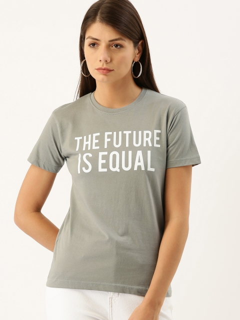 

DILLINGER Women Grey Printed Round Neck Regular Fit Pure Cotton T-shirt