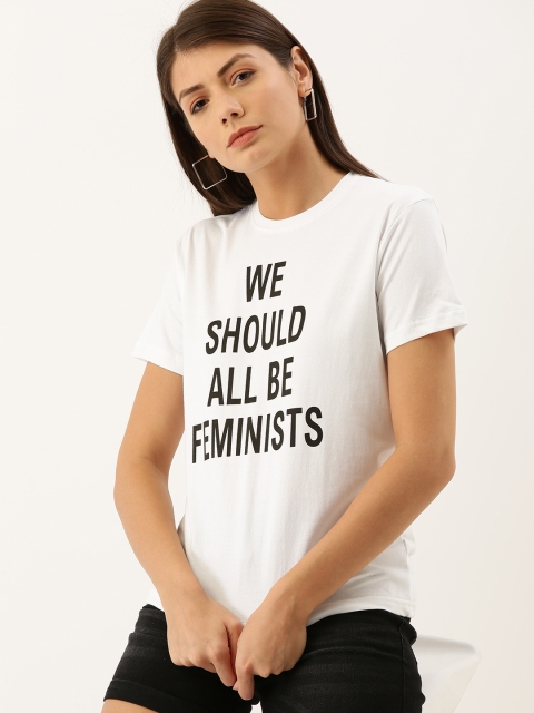 

DILLINGER Women White Printed Round Neck Regular Fit Pure Cotton T-shirt