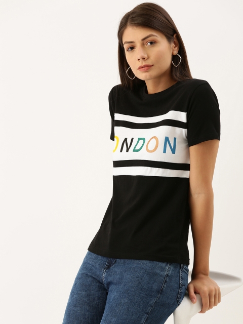 

DILLINGER Women Black White Printed Round Neck Regular Fit Pure Cotton T-shirt