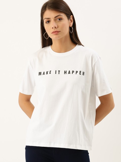 

DILLINGER Women White Fit Printed Round Neck Boxy Regular Pure Cotton T-shirt