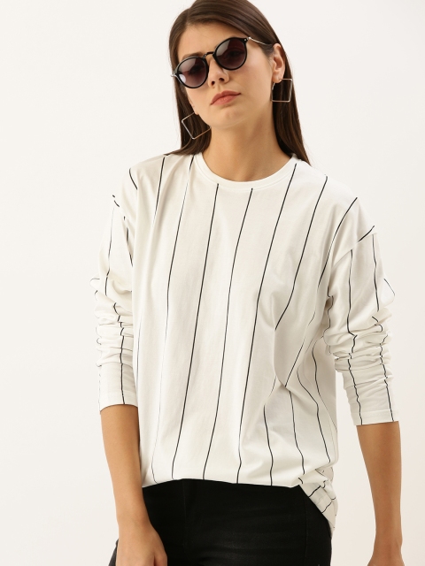 

DILLINGER Women Off-White & Black Striped Loose Round Neck Longline T-shirt