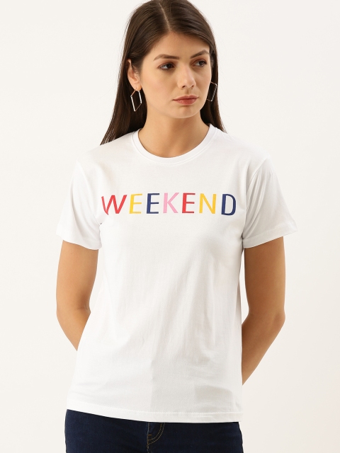 

DILLINGER Women White Printed Round Neck Regular Fit Pure Cotton T-shirt