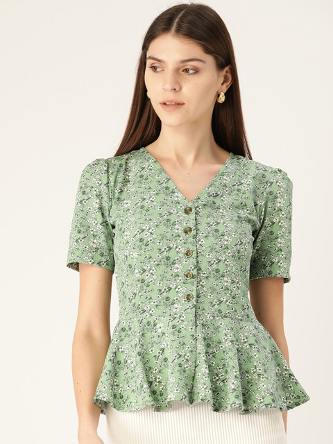 

Trend Arrest Women Green & White Floral Print Peplum Top