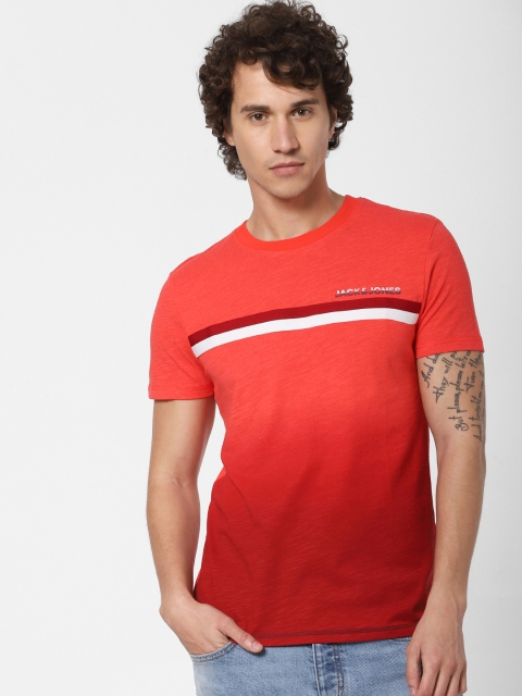 

Jack Jones Men Red Striped Round Neck Pure Cotton T-shirt