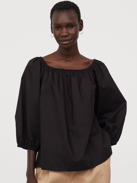 

H&M Women Black Solid Puff Sleeved Cotton Blouse