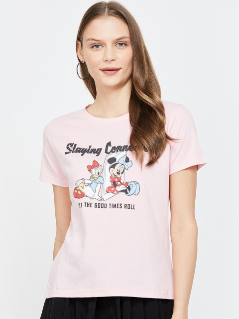 

Ginger by Lifestyle Women Pink & Black Mickey & Friends Printed Round Neck T-shirt