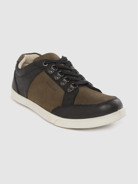 

Woodland Men Olive Green & Black Nubuck Colourblocked Sneakers