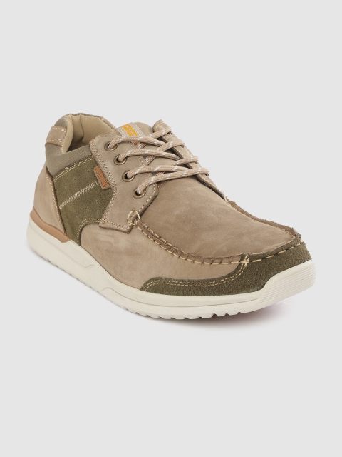 

Woodland Men Taupe & Olive Green Leather Solid Sneakers with Colourblocked Detail