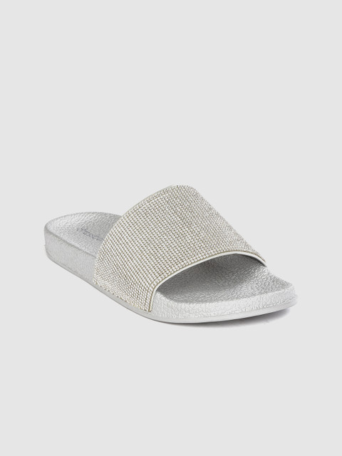 

DressBerry Women Silver-Toned Stone-Studded Open Toe Flats