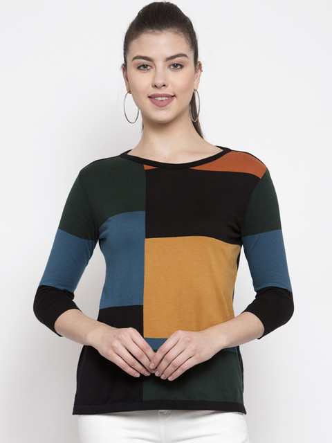 

Kalt Women Multicoloured Colourblocked Round Neck T-shirt, Multi