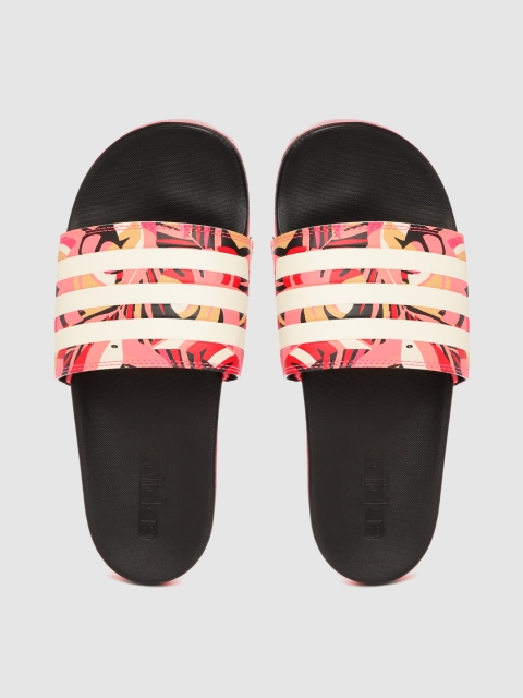 

ADIDAS Women Coral Pink & Black Adilette Comfort Tropical Print Striped Sliders